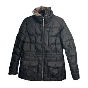 Eddie Bauer Down Parka Jacket Women's Medium Faux Fur Lined Black Nylon Full Zip